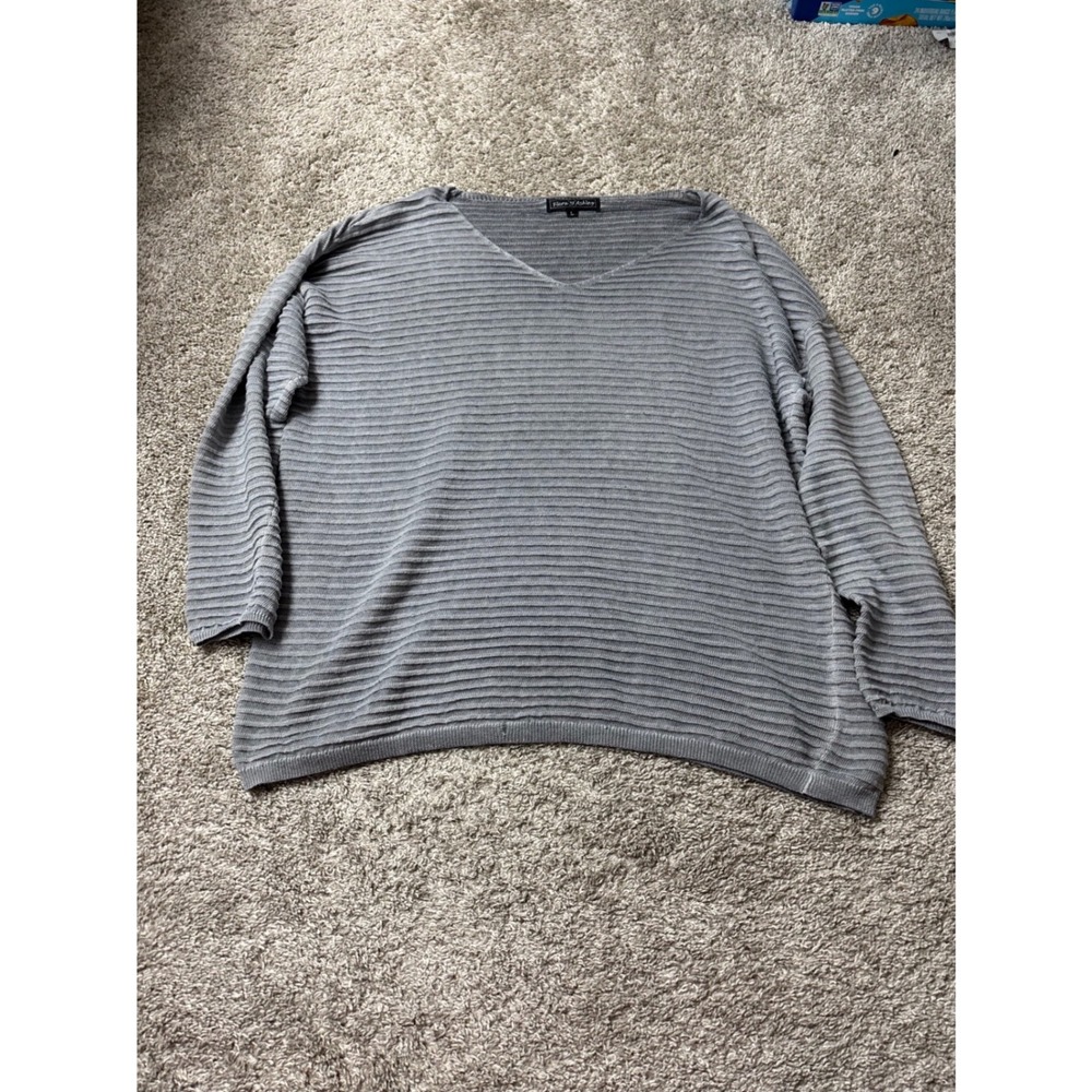 Flora Ashley Gray Ribbed V-Neck Sweater Womens Large 3/4 Sleeve Lightweight Knit